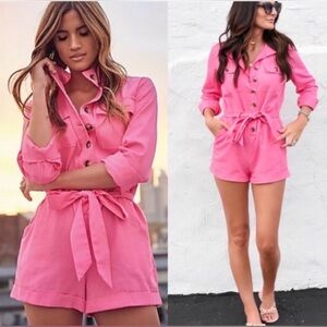NWT Express x Rocky Barnes Long Sleeve Pink Romper Buttons Shorts Extra Small XS